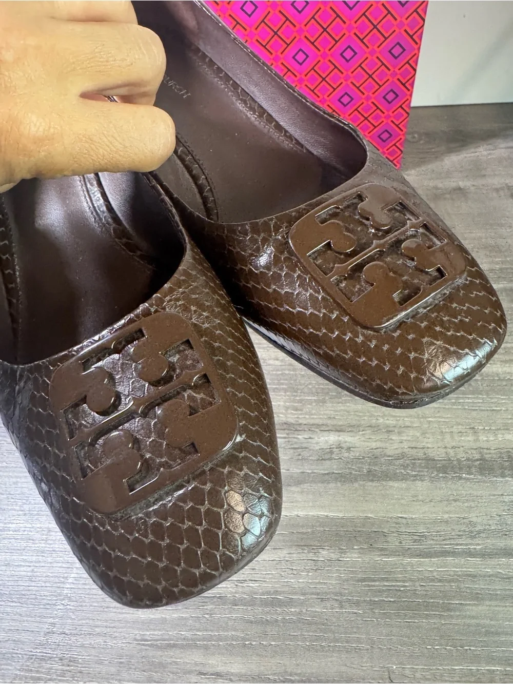Tory Burch Georgia Ballet Snakeskin Block Heels size 7.5 $328